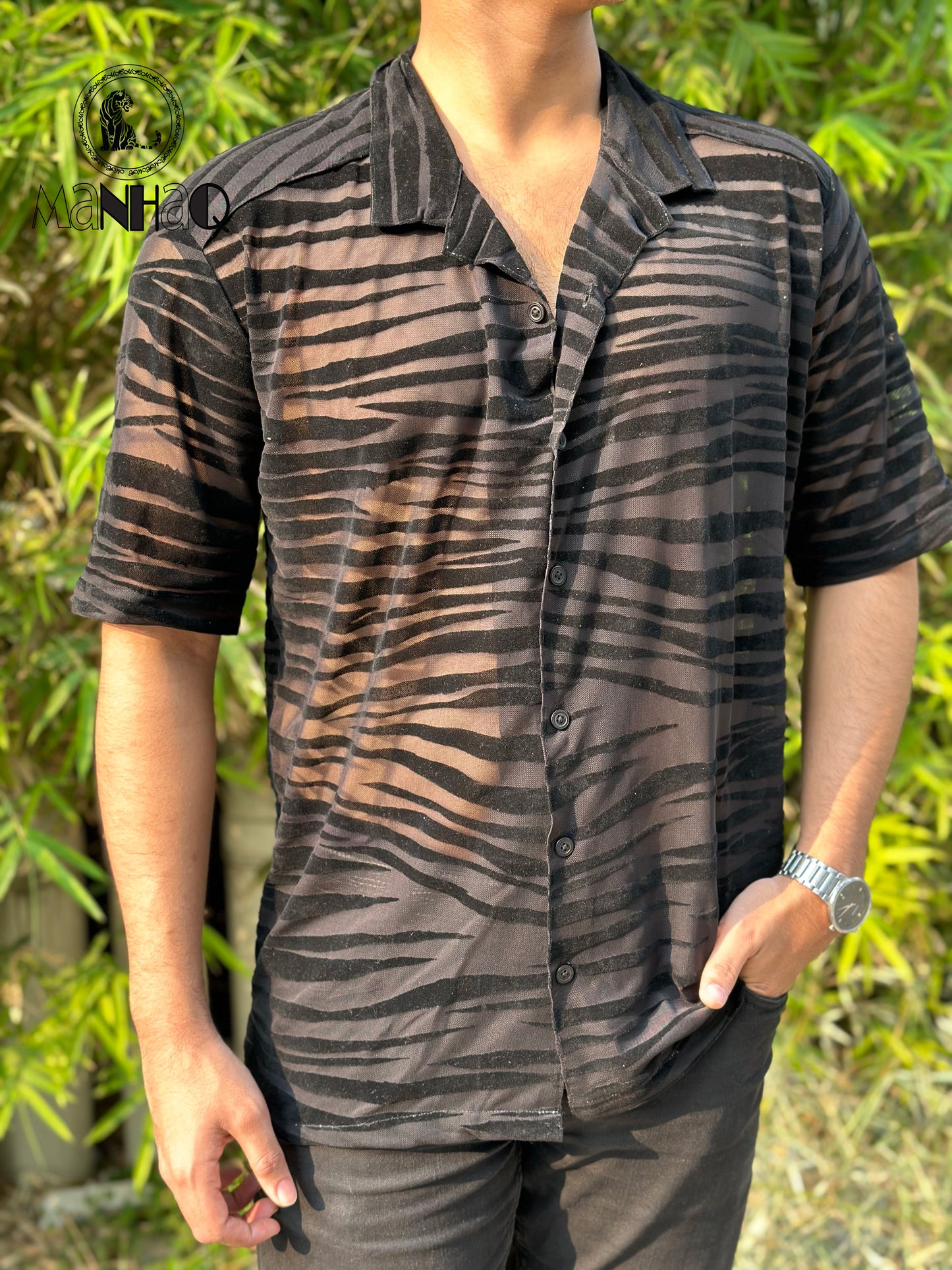 Short Sleeve cuban Collar transparent black shirt