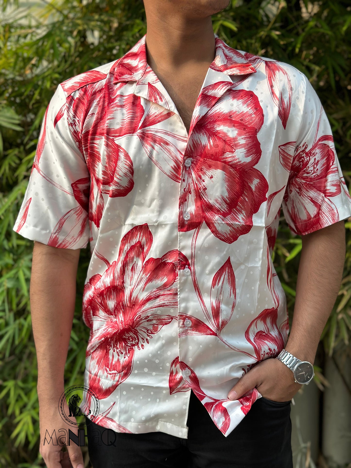 Short sleeve Bloom to room silk Cuban collar Shirt