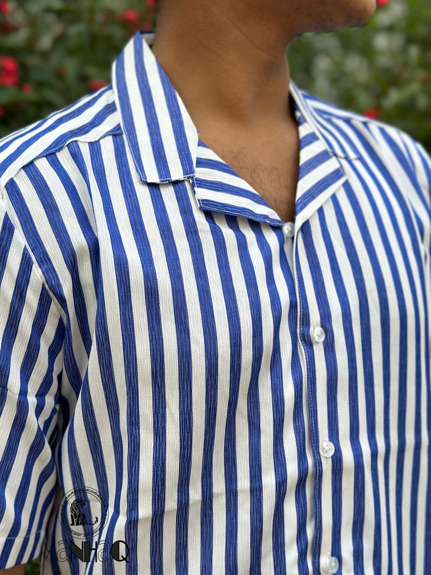 W&B Stripe cuban collar Half Sleeve Shirt