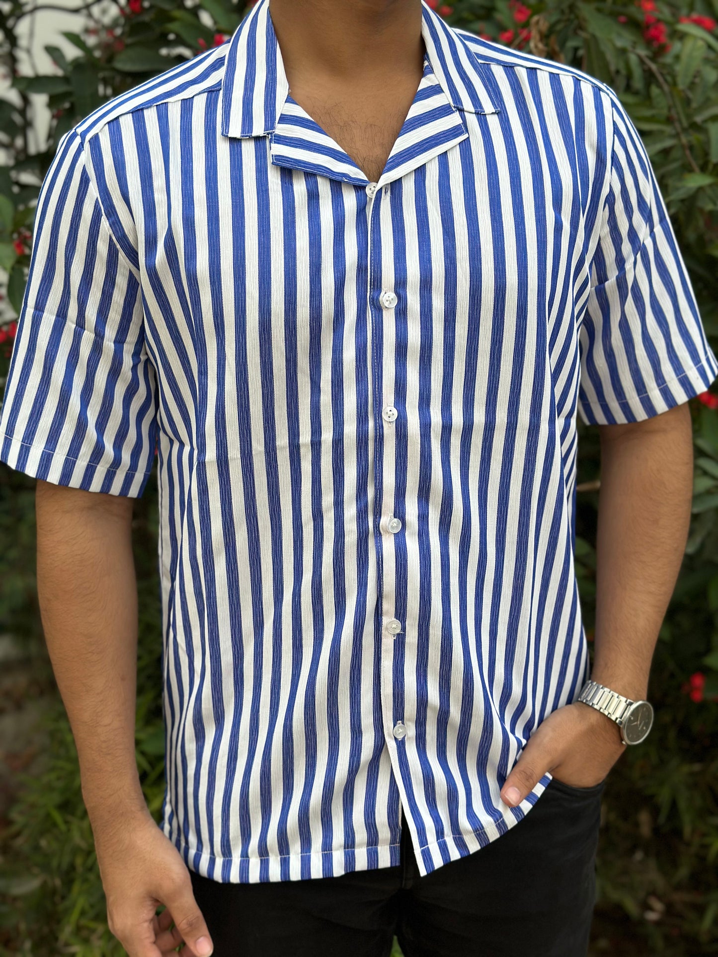 W&B Stripe cuban collar Half Sleeve Shirt